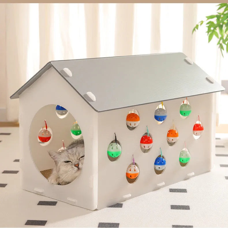 Cat scratch board with integrated 40cm nest and dangling bell ball toy for feline enrichment