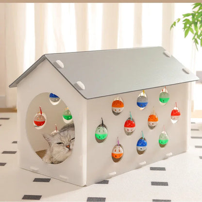 Cat scratch board with integrated 40cm nest and dangling bell ball toy for feline enrichment
