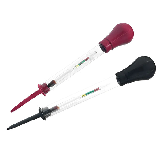 Glass electrohydraulic hydrometer for car battery acid testing, 330mm long.