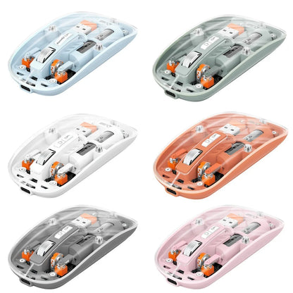 Transparent wireless computer mouse showing internal components with USB connection