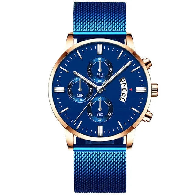 Men's stainless steel mesh band quartz watch showing two-tone colour options on a 4.2cm case.
