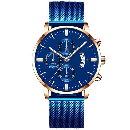 Men's stainless steel mesh band quartz watch showing two-tone colour options on a 4.2cm case.