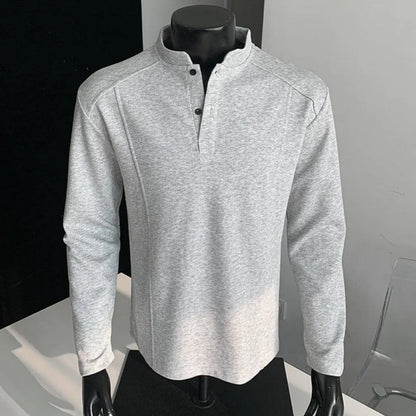 Men's asymmetric stand-up collar polo shirt with patchwork shoulders in Chinese cotton, available in three colours and seven sizes