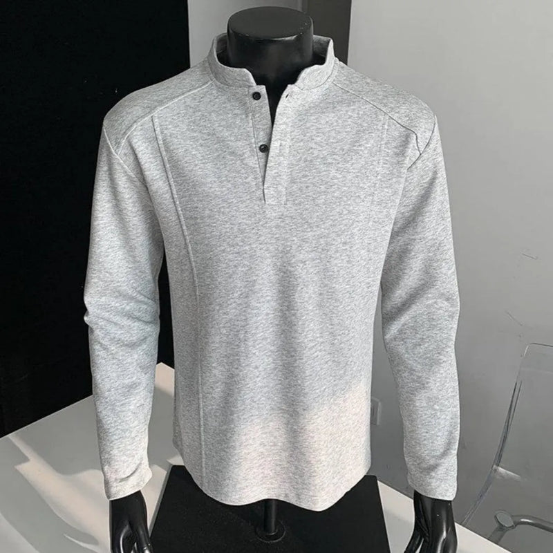 Patchwork stand-up collar sweater shoulder polo shirt collar long sleeve men's top in Chinese cotton, available in sizes M to 5XL with asymmetric design and long sleeves for spring and autumn daily wear.