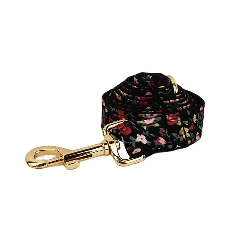 Cloth dog collar and leash set with matching vest and removable bow decoration in multiple size options
