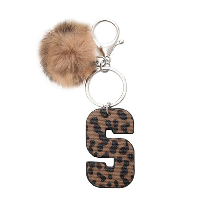 Leopard-print artificial leather keychain with oil-edged acrylic letter and included key ring, retro style