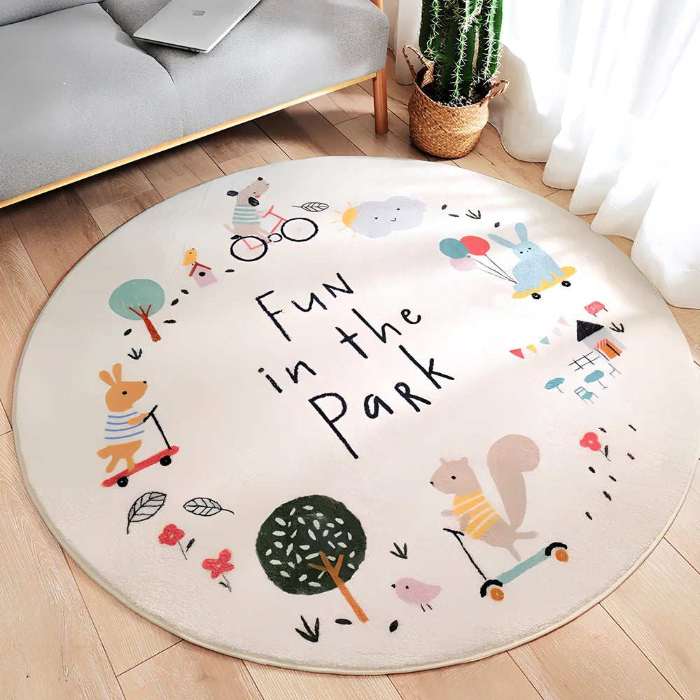 Cartoon thickened acrylic round table blanket in Cake Town pattern, 120cm diameter, white background