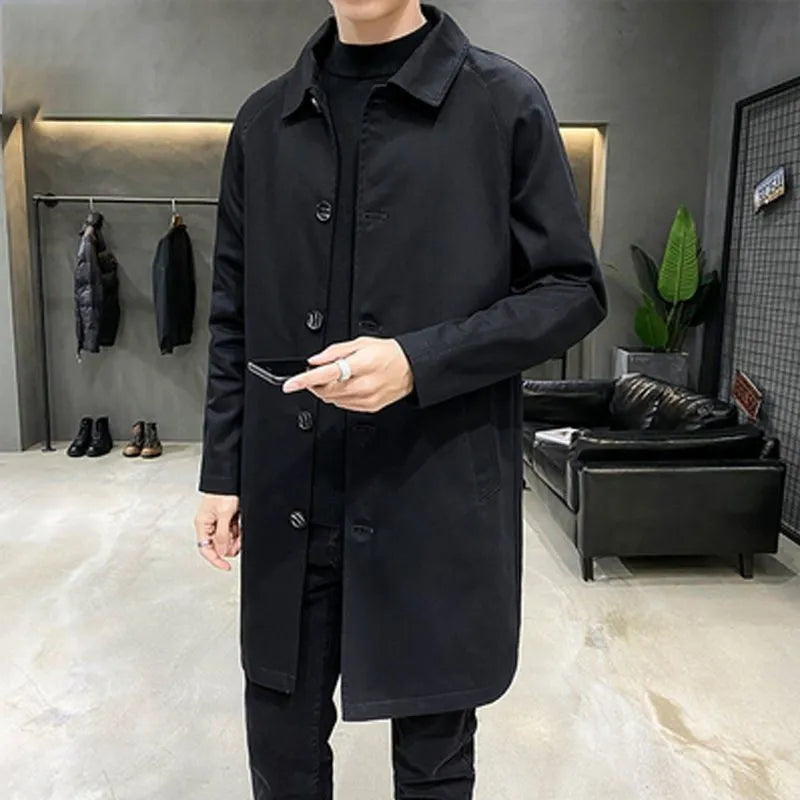 Men's khaki loose fit mid-length rabbit fur trench coat on hanger