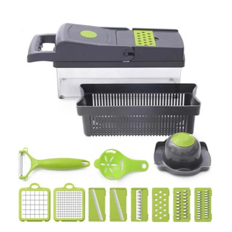 Grey vegetable cutter set with eight stainless steel blades and attachments including garlic press