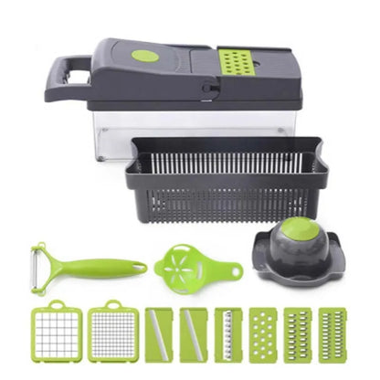 Grey vegetable cutter set with eight stainless steel blades and attachments including garlic press