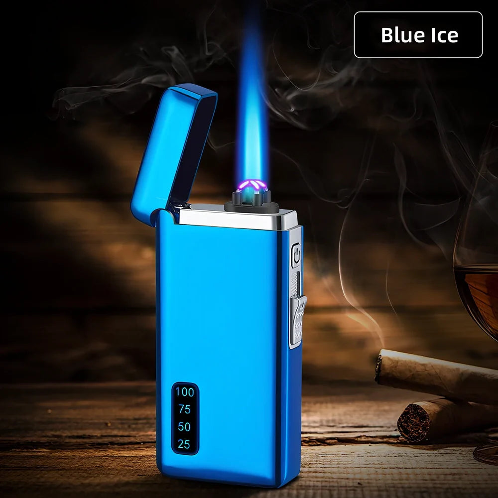 Metal windproof electric lighter showing compact 77.5mm design with USB charging port and flame adjustment