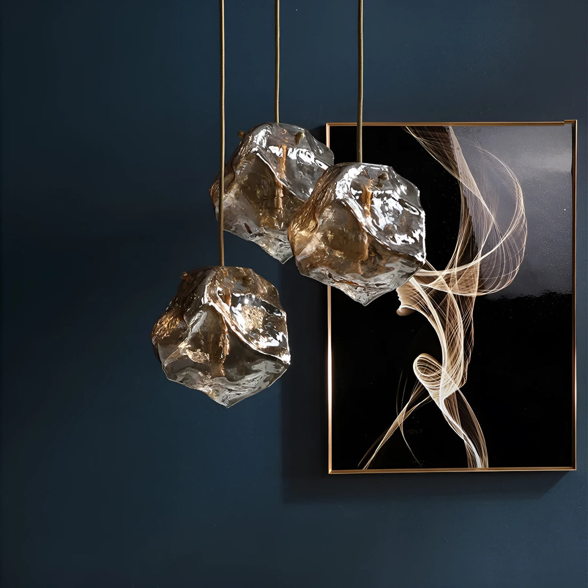 Glass ice cube chandelier in smoky grey, cognac or clear with black hanging wire, 11W-15W LED, 4000K