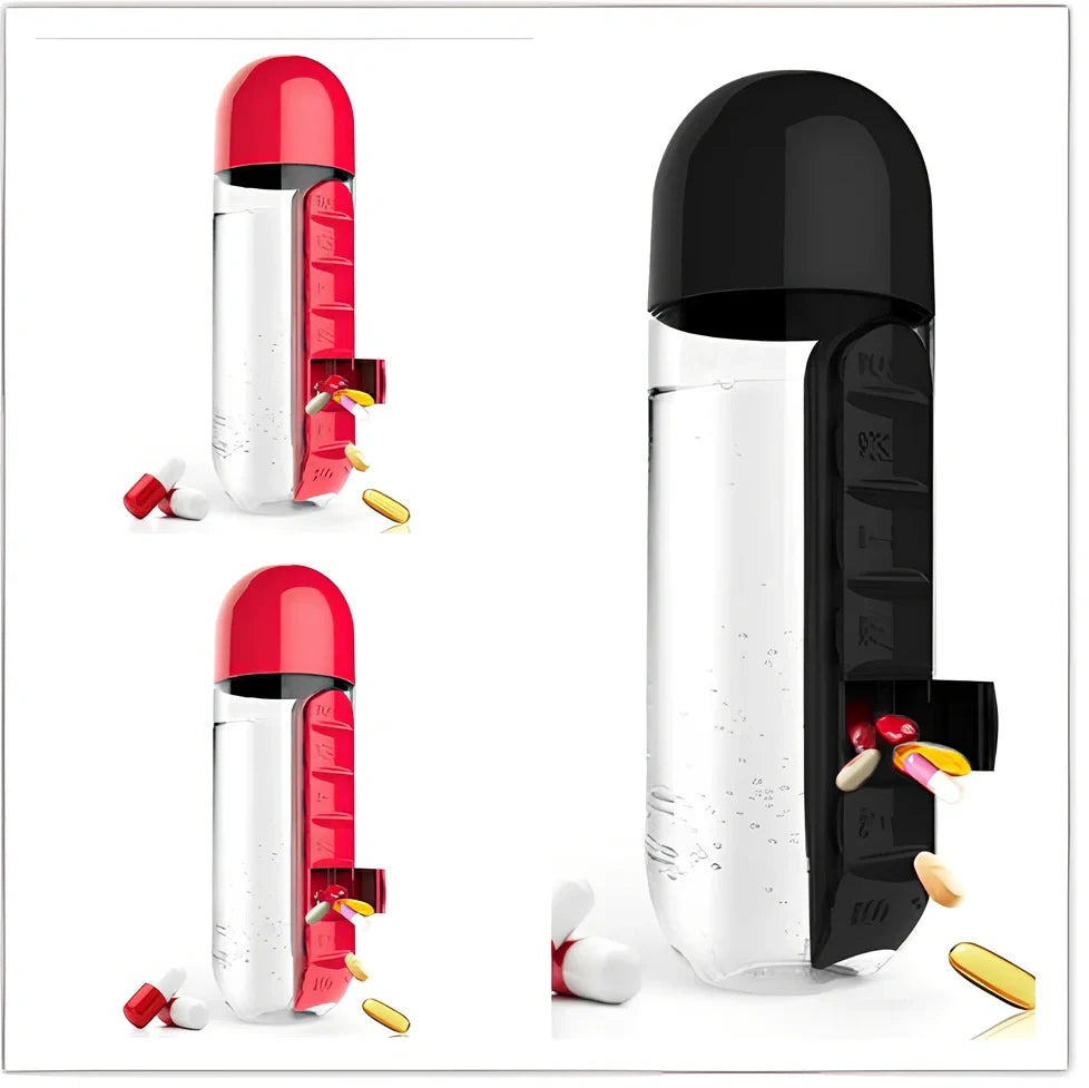 Two-in-one water cup with attached 7-day pill organiser showing daily compartments and screw-top lid