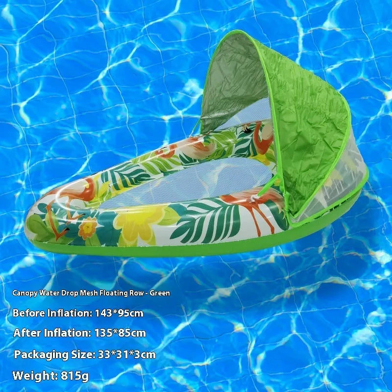 PVC inflatable pool floating row with sequins and mesh deck on blue water