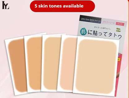 Tattoo cover patch and a 130mm long concealer brush on a table, with colour option swatches visible.