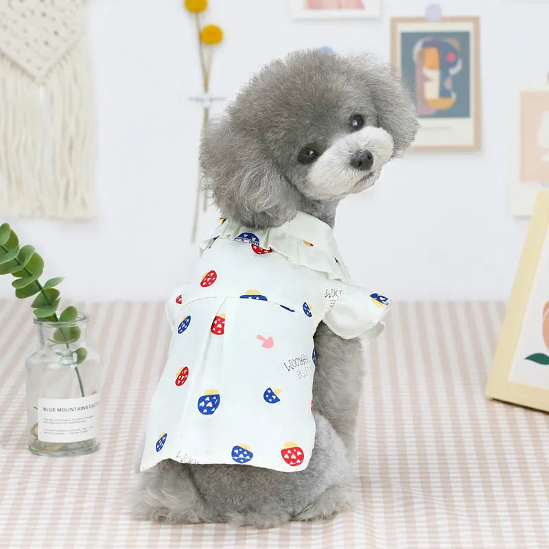 Cotton puppy shirt vest in pink or beige, mushroom design, sizes S to XXL for small dogs