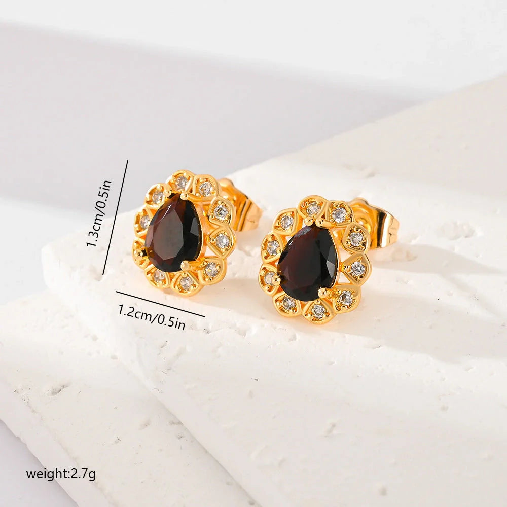 Multi-color zircon stud earrings for women in black, red, green, white, blue, and champagne