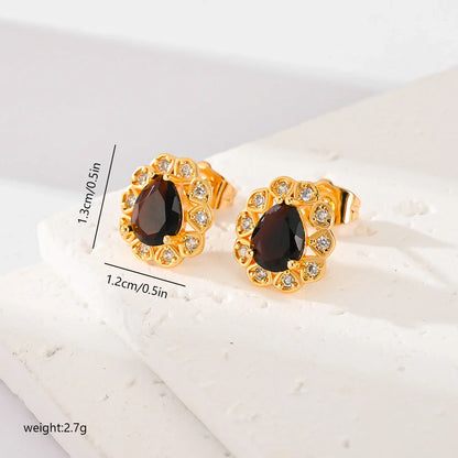Multi-color zircon stud earrings for women in black, red, green, white, blue, and champagne
