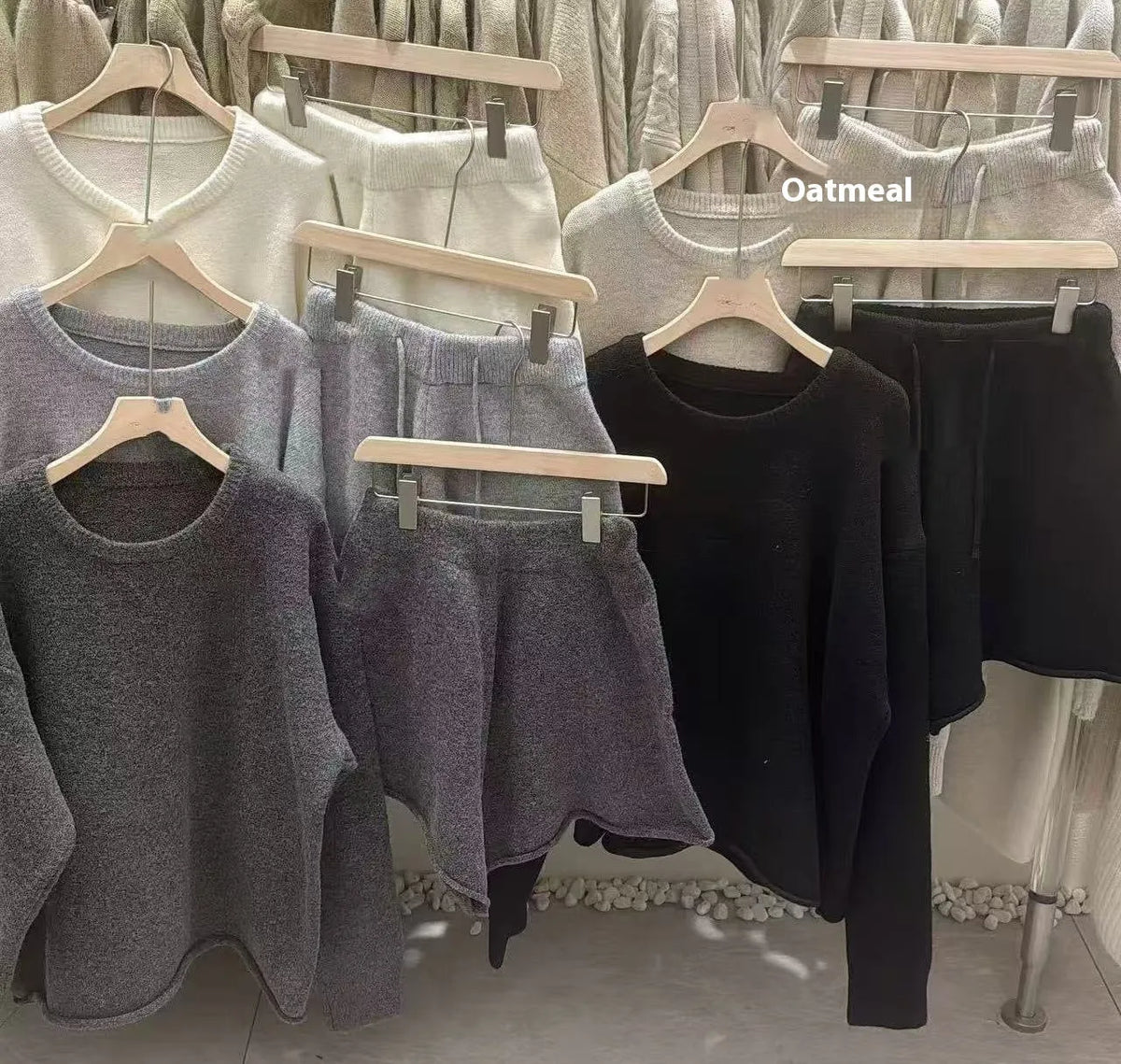 Women's loose-fitting long sleeve sweater and knitted wide leg shorts set in oatmeal colour, free size