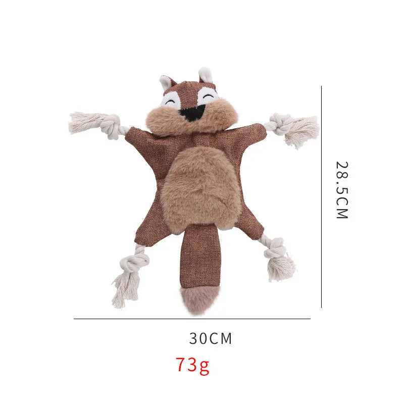Brown stuffless fox plush dog toy with cotton rope limbs and embroidered eyes