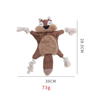 Brown stuffless fox plush dog toy with cotton rope limbs and embroidered eyes