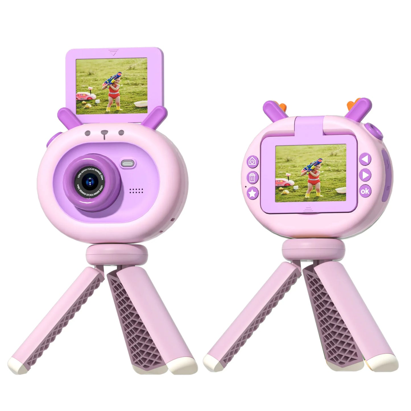 Violet children's flip-screen camera with 9.8cm compact design and USB charging port