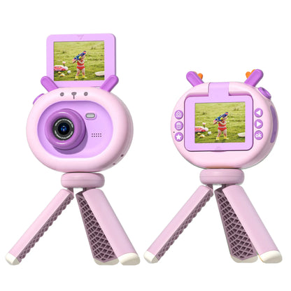Violet children's flip-screen camera with 9.8cm compact design and USB charging port