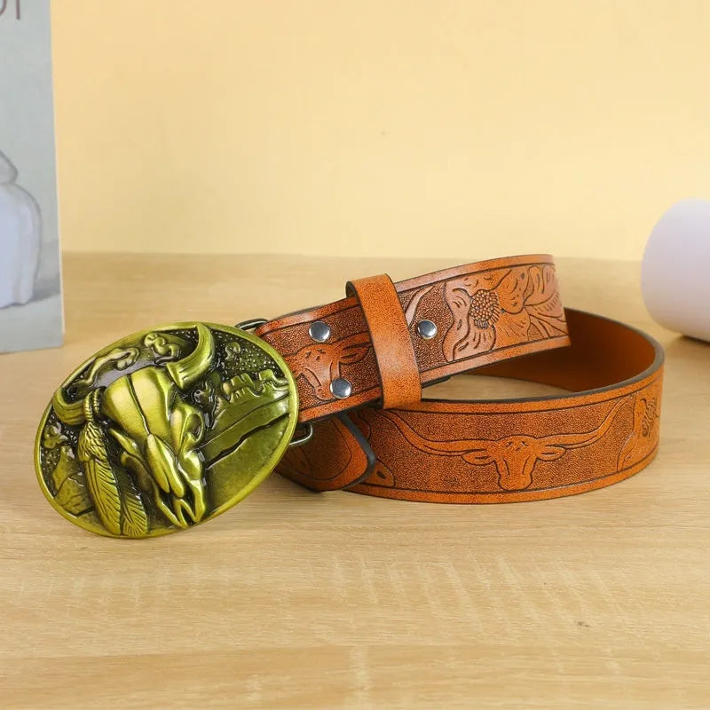 Men's brown imitation leather belt with an embossed alloy cow head pin buckle fastened on trousers.