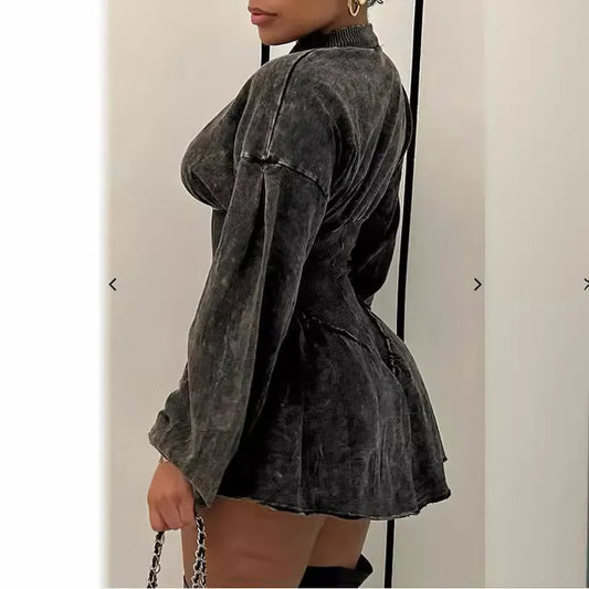 Grey women's dress with A-line skirt, drawstring waist, long sleeves, and digital printing detail