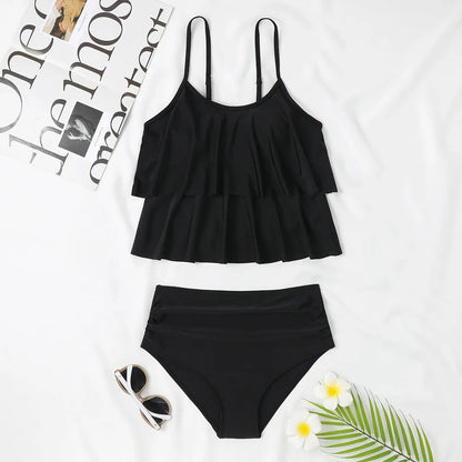 High waist double-layer printed swimsuit with polyester fabric for swimming activities