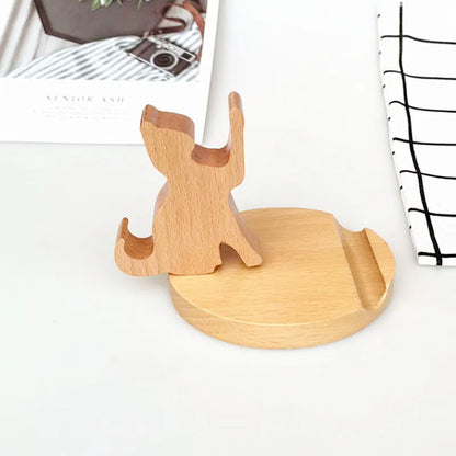 Beech wood mobile phone holder with coin slot showing adjustable angle and resin decorative elements
