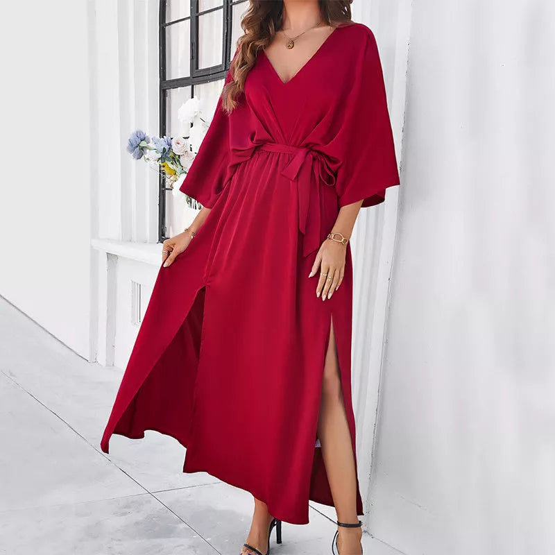 Long-sleeved V-neck dress with bat sleeves and split design in champagne, green, wine red, or black