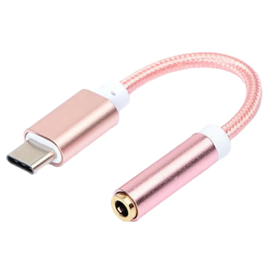 Weaving Type-C to 3.5mm audio adapter cable in four colour options showing connectors and nylon-braided 12cm cable
