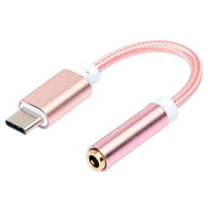 Weaving Type-C to 3.5mm audio adapter cable in four colour options showing connectors and nylon-braided 12cm cable