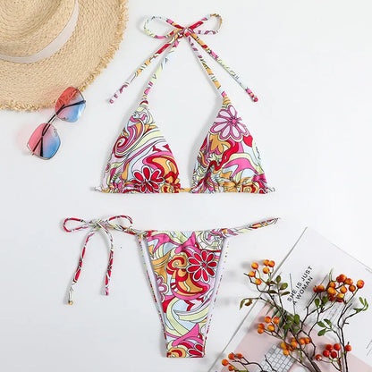 Women's triangle printed bikini swimsuit with hanging neck and separate top and bottom pieces