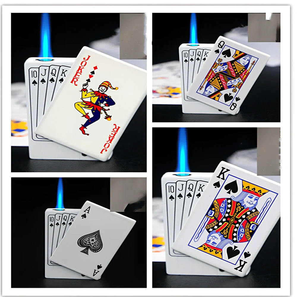 Metal poker gas lighter keychain with direct punch king design, 6cm length, attached ring for keys