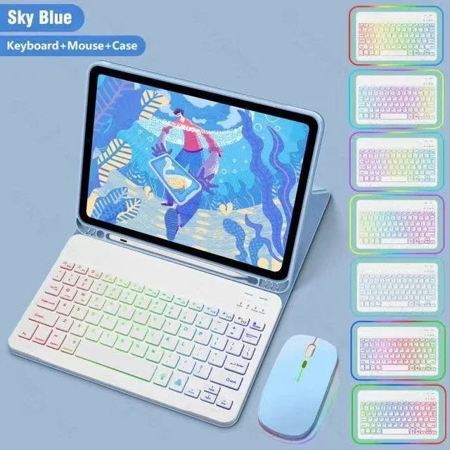 iPad in a black TPU leather case with a built-in luminous RGB backlit Bluetooth keyboard and a stand open.