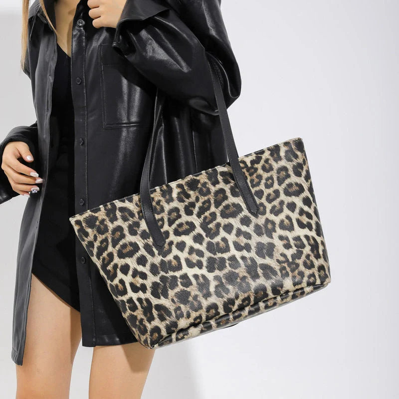 Leopard print tote set with multiple pockets and double shoulder straps