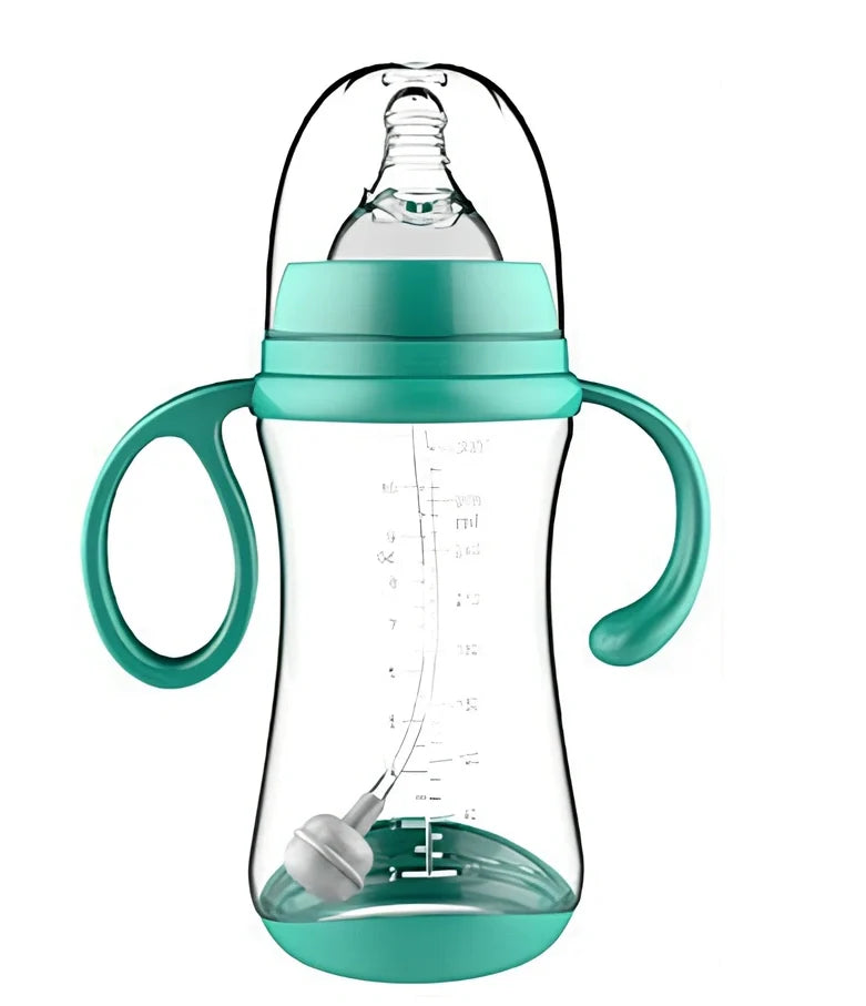 Baby feeding bottle with curved double handles in blue or pink, showing wide caliber opening and transparent PP construction