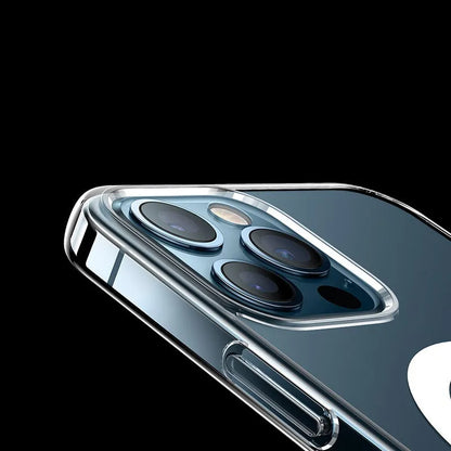 Transparent magnetic phone case for iPhone showing integrated MagSafe ring and 0.8mm thin profile