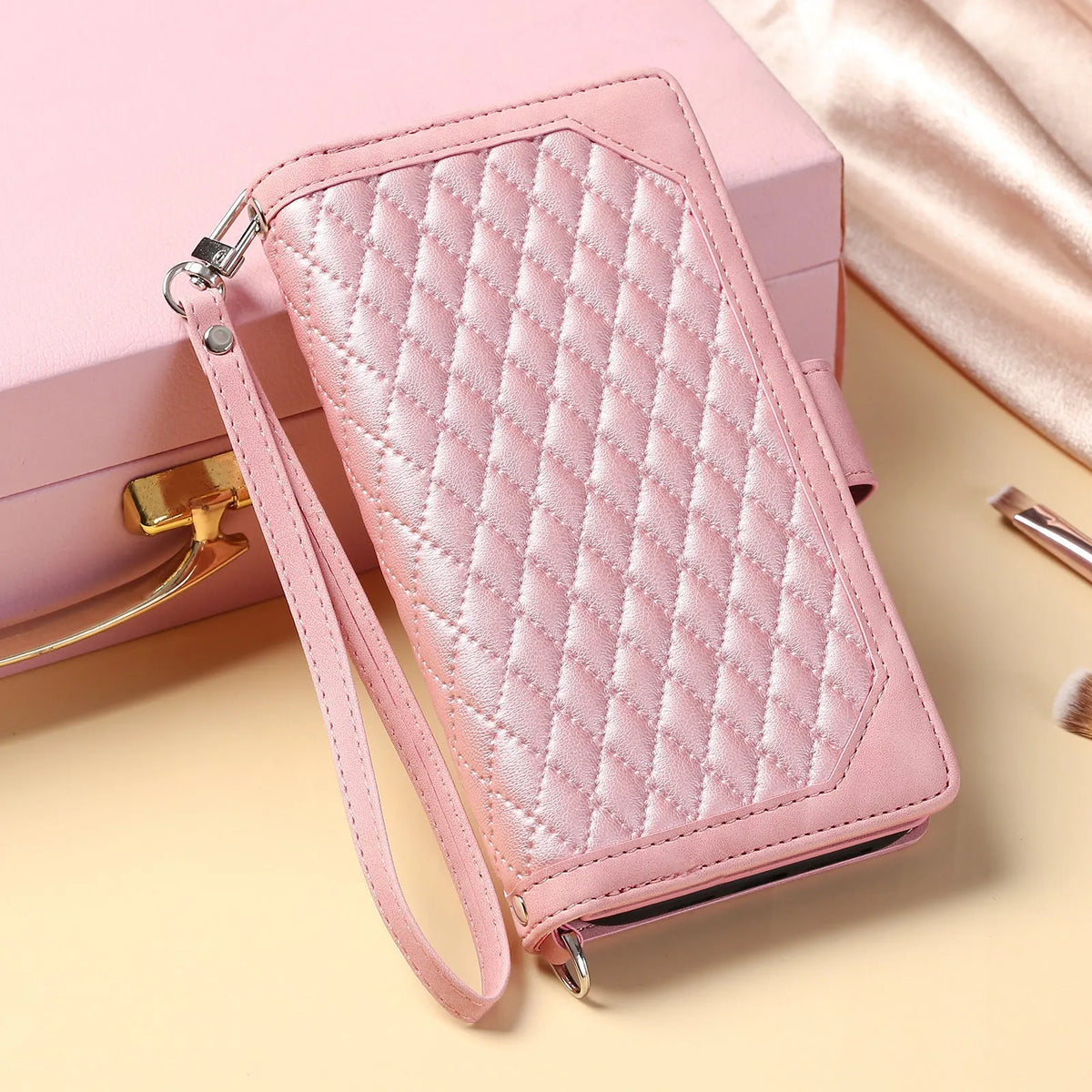 Crossbody plaid zipper phone case for Samsung in black, pink, white, or wine red, made from TPU and PU.