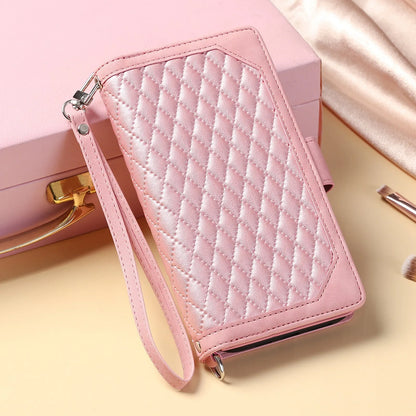 Crossbody plaid zipper phone case for Samsung in black, pink, white, or wine red, made from TPU and PU.