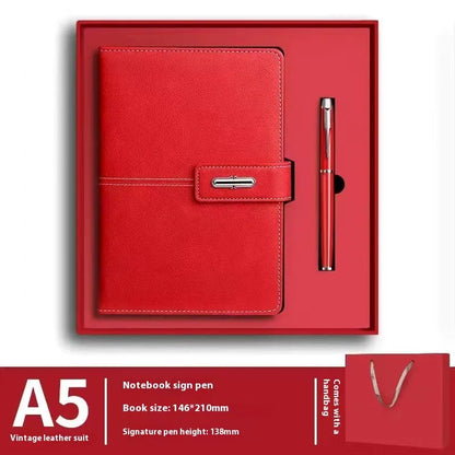 A5 notebook with imitation leather cover in a choice of colours including black, red, green, blue, and orange.