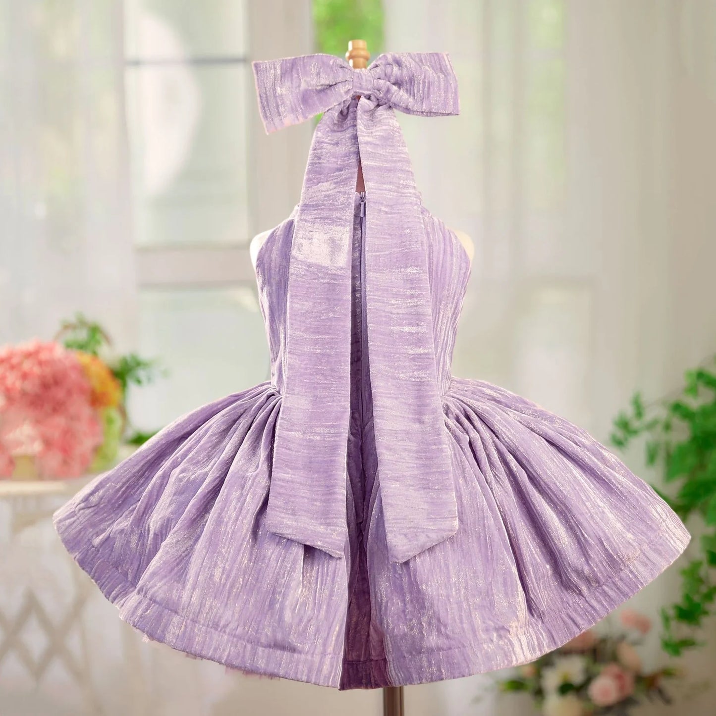 Girls' dreamy purple velvet princess dress showing princess silhouette and velvet texture