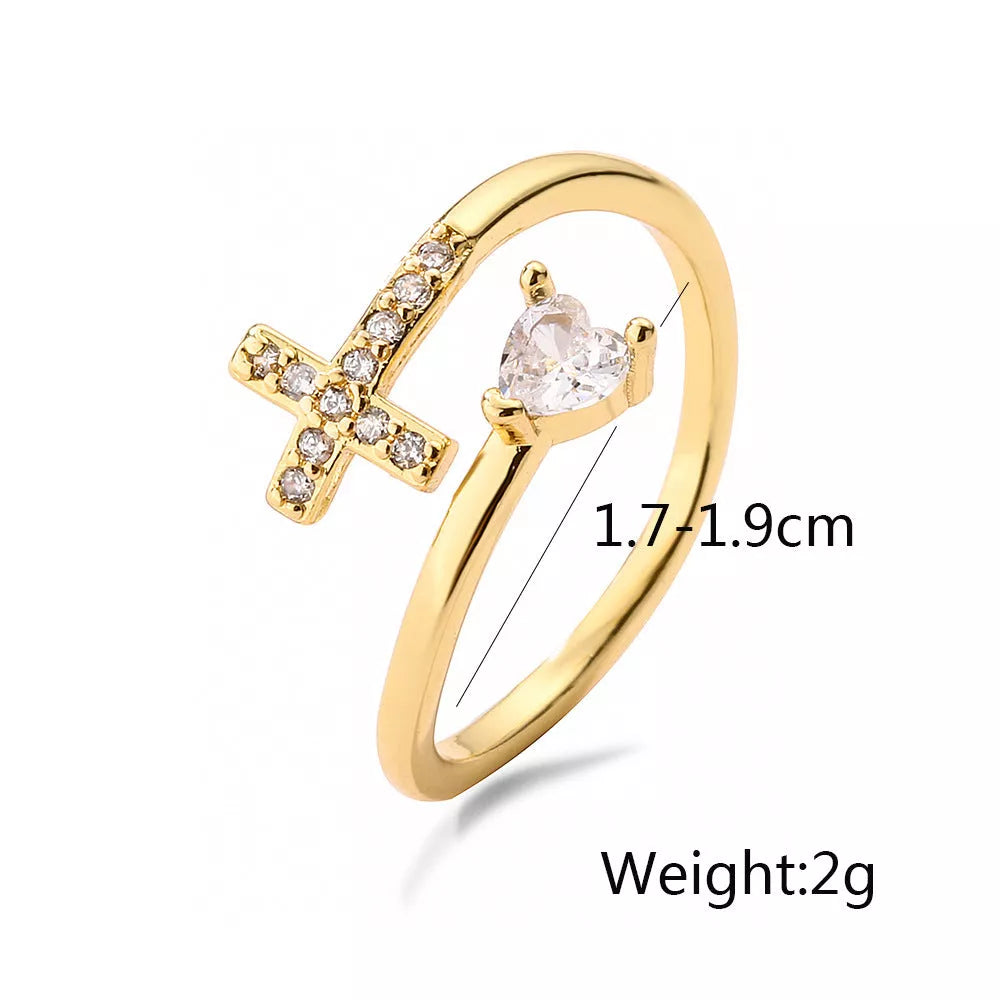 Adjustable clear CZ zircon cross evil eye ring for women, geometric design with irregular elements