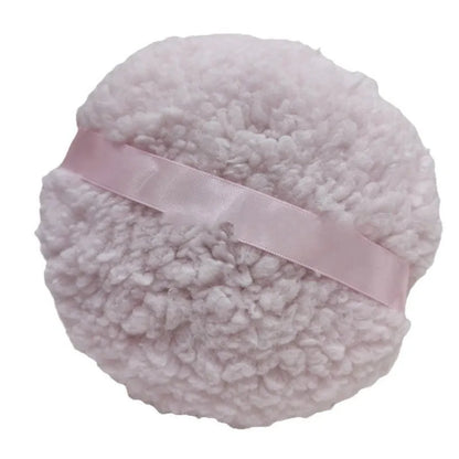 Oversized plush dry puff for makeup powder application in white colour, measuring 150mm by 75mm