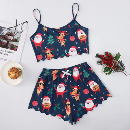 Christmas Women's Milk Silk Pajamas Set with Sleeveless Shorts in festive designs
