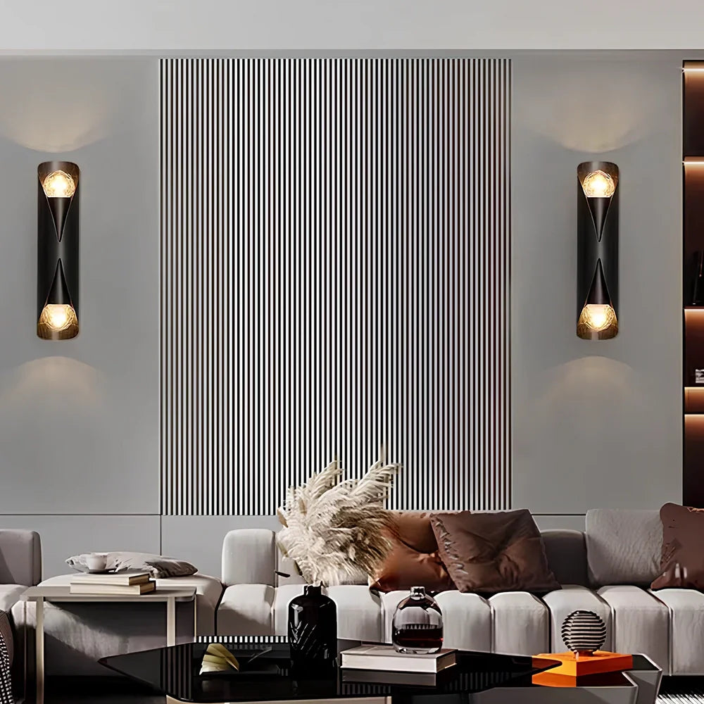 Copper wall lamp with matte black finish, 23cm × 5.5cm dimensions, warm light illumination