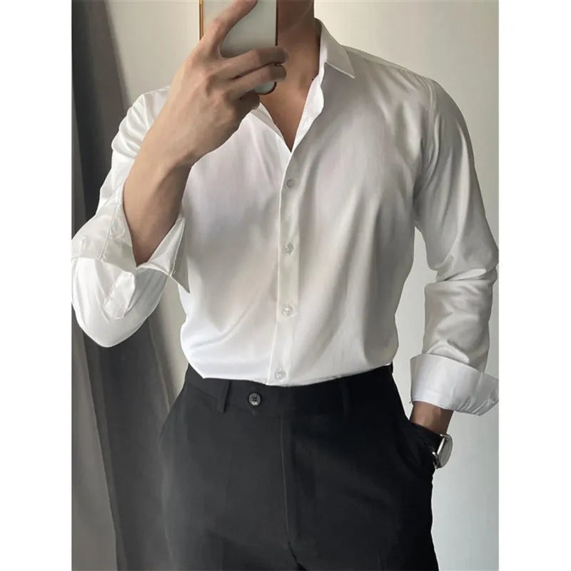 Men's slim fit long sleeve casual shirt in a solid colour, shown in a cardigan style.
