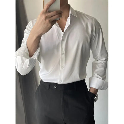 Men's slim fit long sleeve casual shirt in a solid colour, shown in a cardigan style.